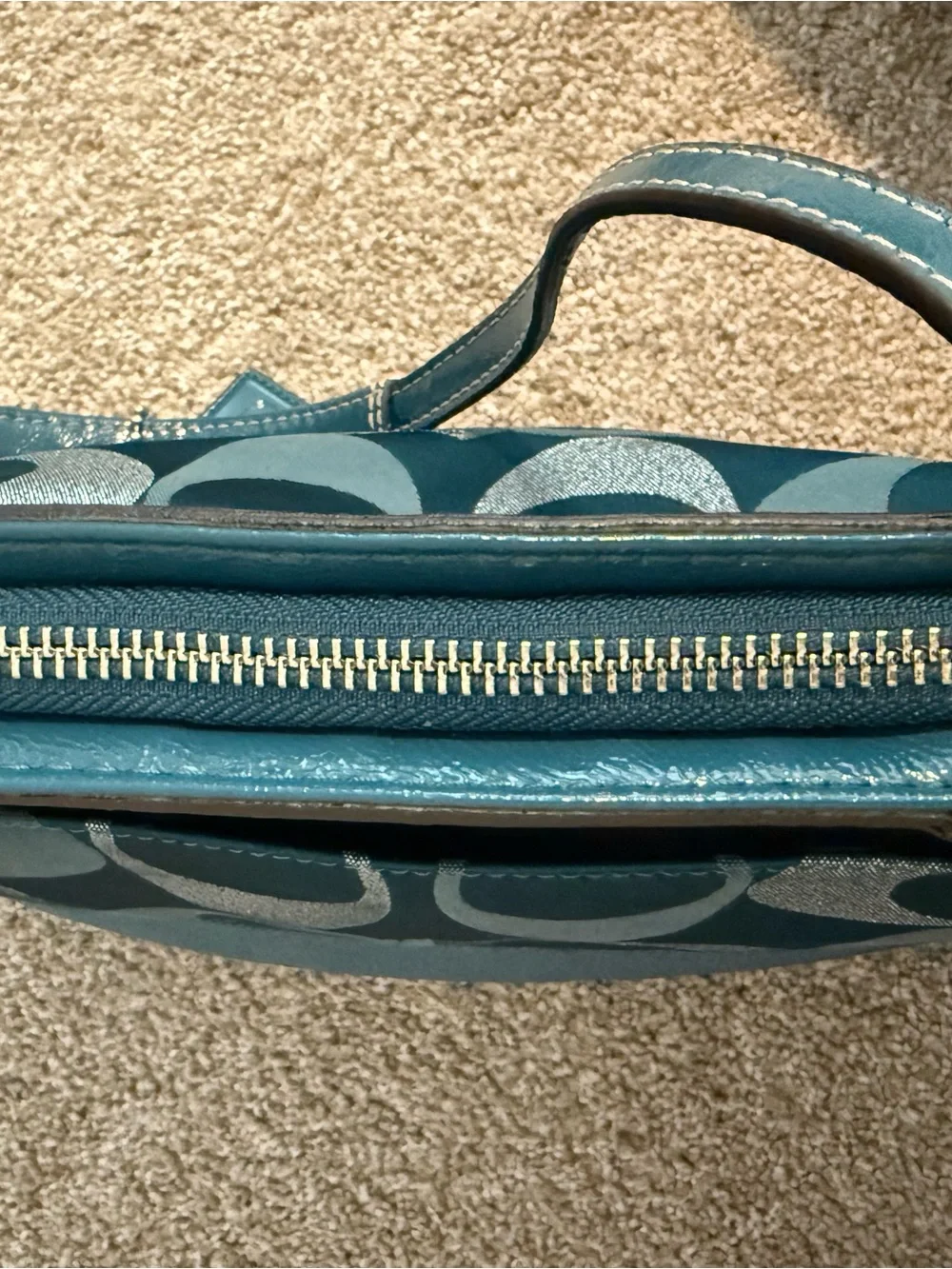 COACH factory F20429 Signature Sateen Tote Shoulder Bag in Teal Blue Metallic